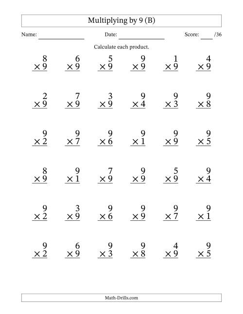 The Multiplying (1 to 9) by 9 (36 Questions) (B) Math Worksheet