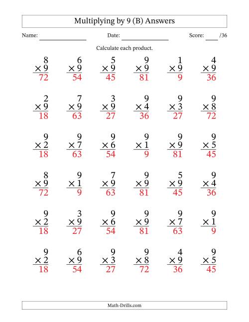 The Multiplying (1 to 9) by 9 (36 Questions) (B) Math Worksheet Page 2