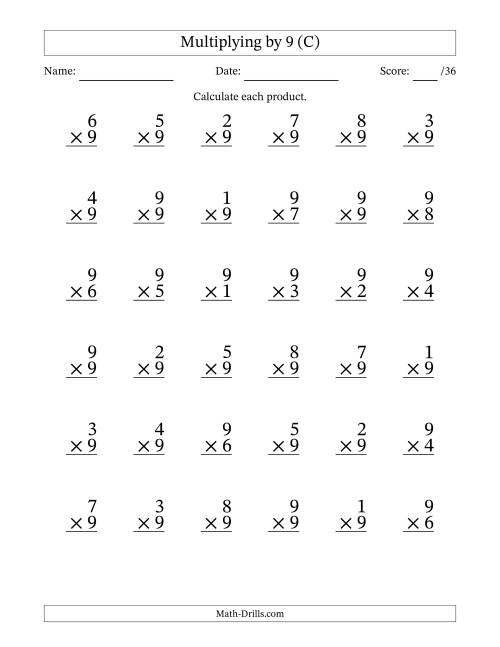 The Multiplying (1 to 9) by 9 (36 Questions) (C) Math Worksheet