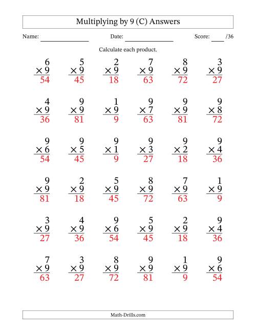 The Multiplying (1 to 9) by 9 (36 Questions) (C) Math Worksheet Page 2