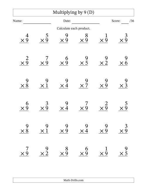 The Multiplying (1 to 9) by 9 (36 Questions) (D) Math Worksheet