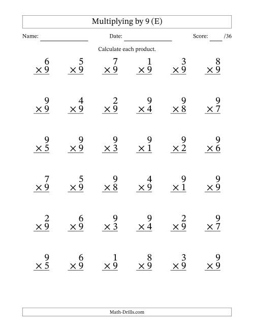 The Multiplying (1 to 9) by 9 (36 Questions) (E) Math Worksheet