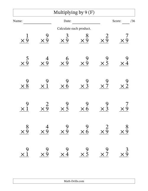 The Multiplying (1 to 9) by 9 (36 Questions) (F) Math Worksheet