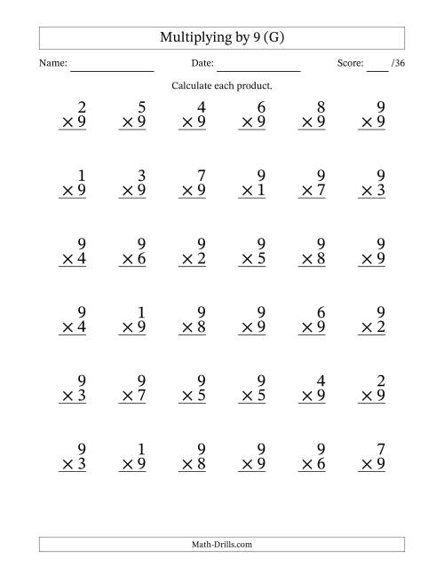The Multiplying (1 to 9) by 9 (36 Questions) (G) Math Worksheet