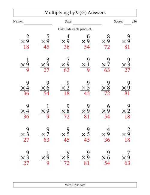 The Multiplying (1 to 9) by 9 (36 Questions) (G) Math Worksheet Page 2