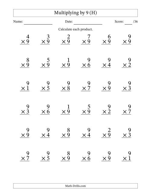 The Multiplying (1 to 9) by 9 (36 Questions) (H) Math Worksheet