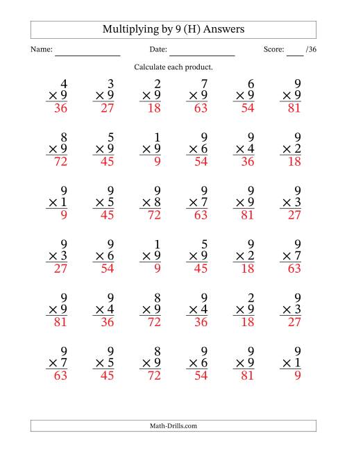 The Multiplying (1 to 9) by 9 (36 Questions) (H) Math Worksheet Page 2