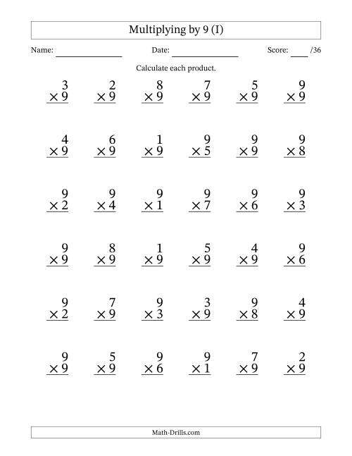 The Multiplying (1 to 9) by 9 (36 Questions) (I) Math Worksheet