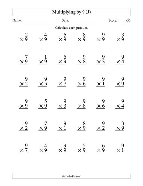 The Multiplying (1 to 9) by 9 (36 Questions) (J) Math Worksheet