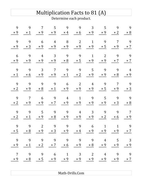 The Multiplying (1 to 9) by 9 (Old) Math Worksheet