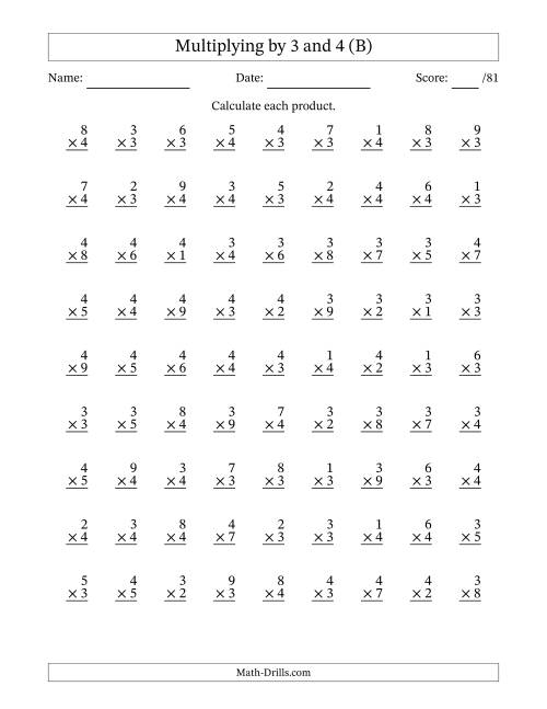 The Multiplying (1 to 9) by 3 and 4 (81 Questions) (B) Math Worksheet