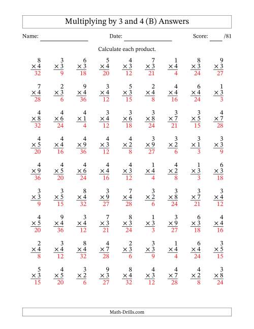 The Multiplying (1 to 9) by 3 and 4 (81 Questions) (B) Math Worksheet Page 2