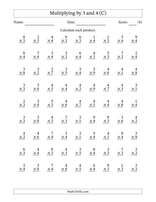 The Multiplying (1 to 9) by 3 and 4 (81 Questions) (C) Math Worksheet