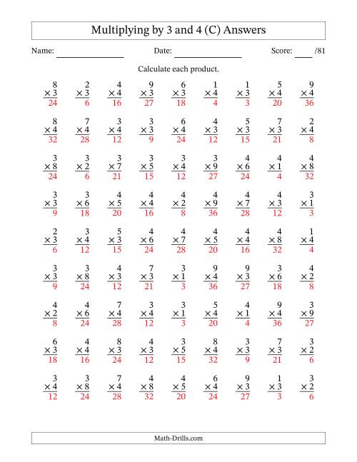 The Multiplying (1 to 9) by 3 and 4 (81 Questions) (C) Math Worksheet Page 2