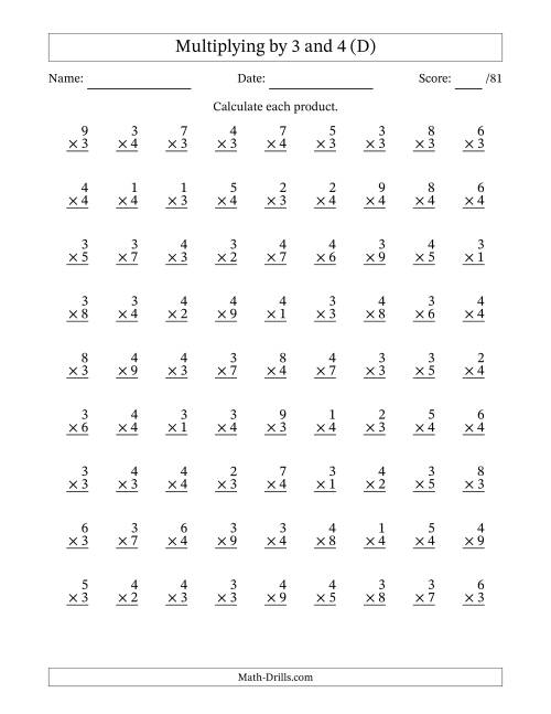 The Multiplying (1 to 9) by 3 and 4 (81 Questions) (D) Math Worksheet