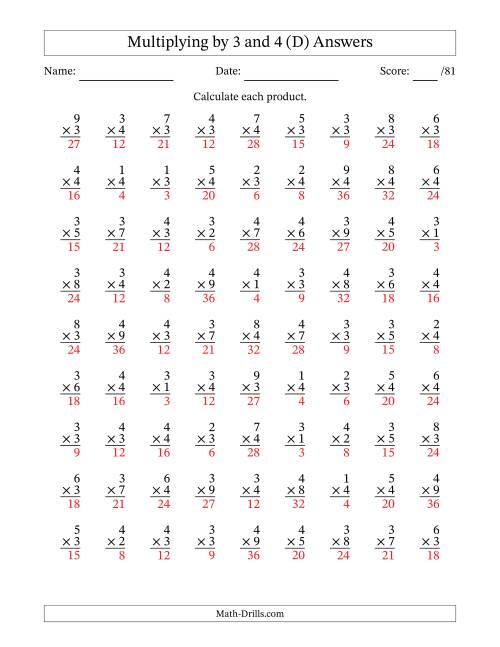The Multiplying (1 to 9) by 3 and 4 (81 Questions) (D) Math Worksheet Page 2