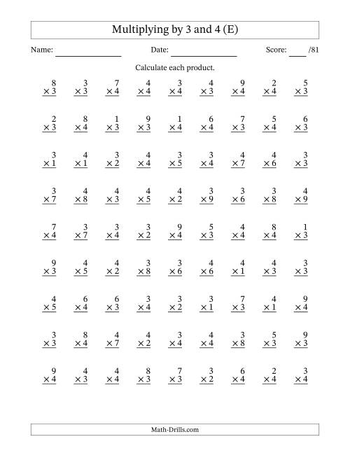 The Multiplying (1 to 9) by 3 and 4 (81 Questions) (E) Math Worksheet