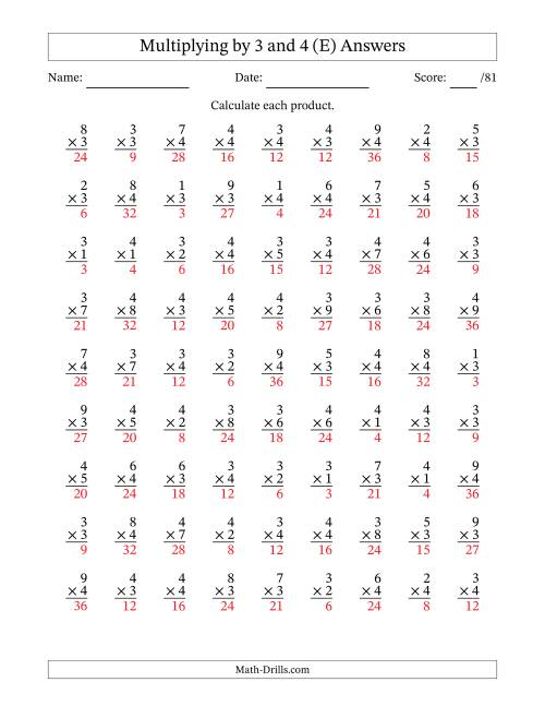 The Multiplying (1 to 9) by 3 and 4 (81 Questions) (E) Math Worksheet Page 2