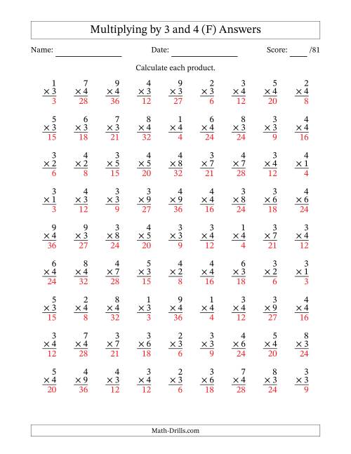 The Multiplying (1 to 9) by 3 and 4 (81 Questions) (F) Math Worksheet Page 2