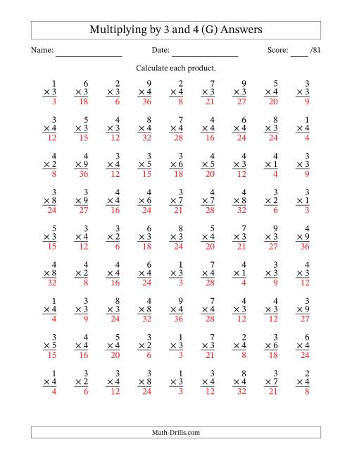 The Multiplying (1 to 9) by 3 and 4 (81 Questions) (G) Math Worksheet Page 2