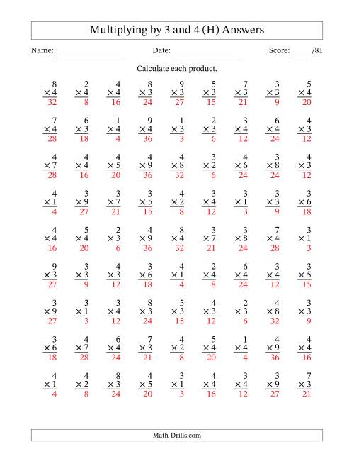 The Multiplying (1 to 9) by 3 and 4 (81 Questions) (H) Math Worksheet Page 2