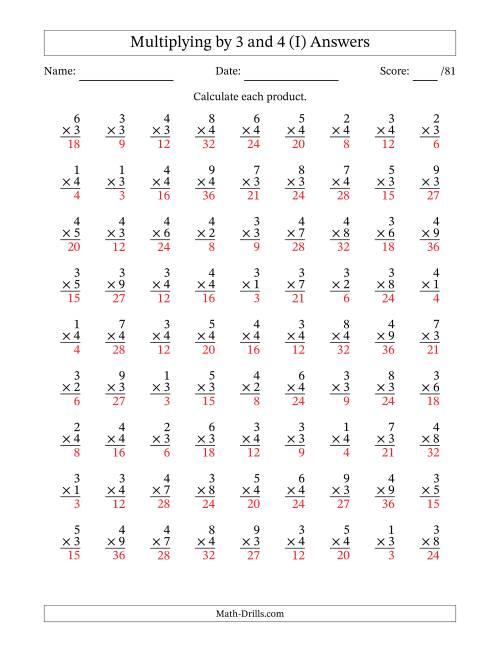 The Multiplying (1 to 9) by 3 and 4 (81 Questions) (I) Math Worksheet Page 2