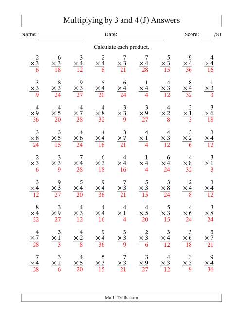The Multiplying (1 to 9) by 3 and 4 (81 Questions) (J) Math Worksheet Page 2