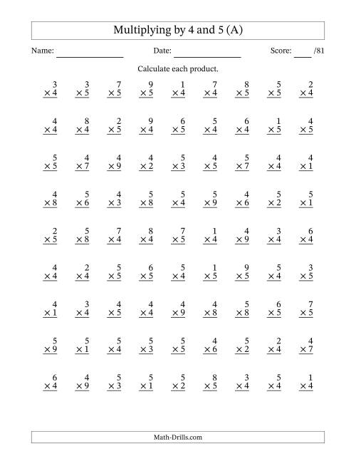 The Multiplying (1 to 9) by 4 and 5 (81 Questions) (A) Math Worksheet