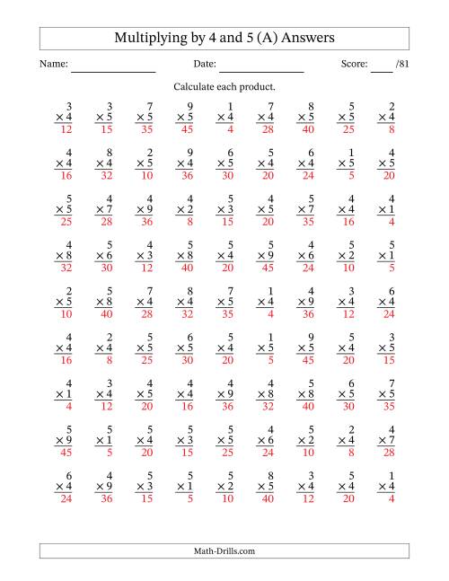 The Multiplying (1 to 9) by 4 and 5 (81 Questions) (A) Math Worksheet Page 2