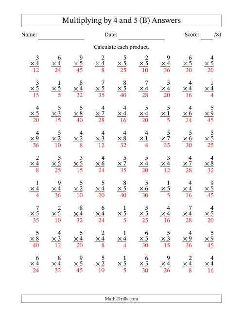 The Multiplying (1 to 9) by 4 and 5 (81 Questions) (B) Math Worksheet Page 2