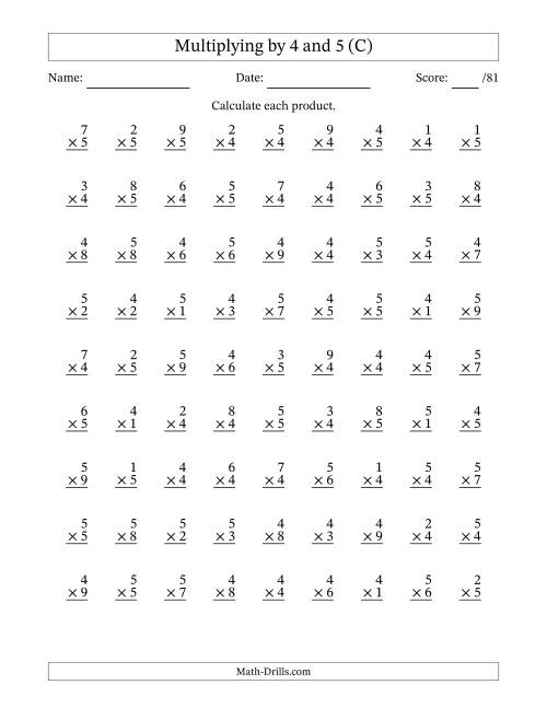 The Multiplying (1 to 9) by 4 and 5 (81 Questions) (C) Math Worksheet
