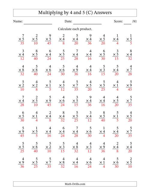 The Multiplying (1 to 9) by 4 and 5 (81 Questions) (C) Math Worksheet Page 2
