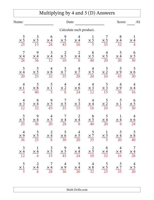 The Multiplying (1 to 9) by 4 and 5 (81 Questions) (D) Math Worksheet Page 2