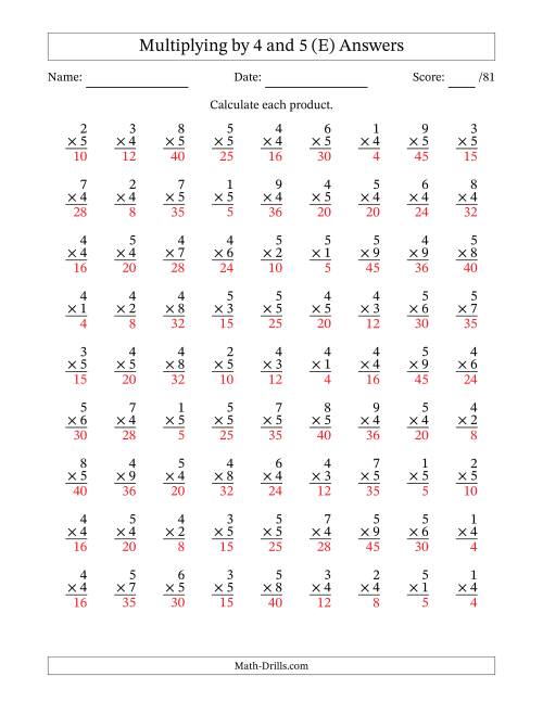 The Multiplying (1 to 9) by 4 and 5 (81 Questions) (E) Math Worksheet Page 2