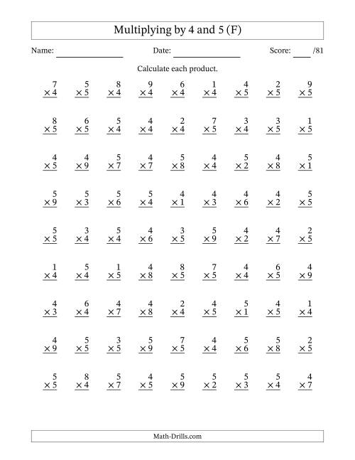 The Multiplying (1 to 9) by 4 and 5 (81 Questions) (F) Math Worksheet