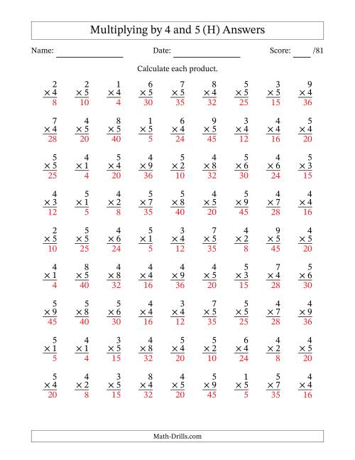 The Multiplying (1 to 9) by 4 and 5 (81 Questions) (H) Math Worksheet Page 2