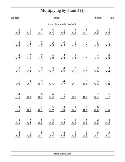 The Multiplying (1 to 9) by 4 and 5 (81 Questions) (I) Math Worksheet