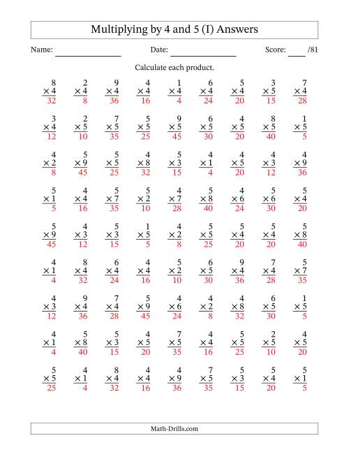 The Multiplying (1 to 9) by 4 and 5 (81 Questions) (I) Math Worksheet Page 2