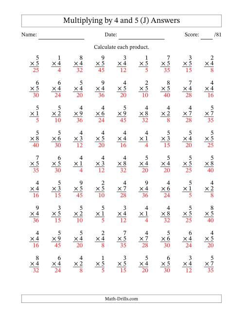 The Multiplying (1 to 9) by 4 and 5 (81 Questions) (J) Math Worksheet Page 2