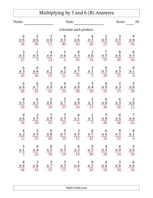 The Multiplying (1 to 9) by 5 and 6 (81 Questions) (B) Math Worksheet Page 2