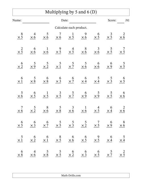 The Multiplying (1 to 9) by 5 and 6 (81 Questions) (D) Math Worksheet
