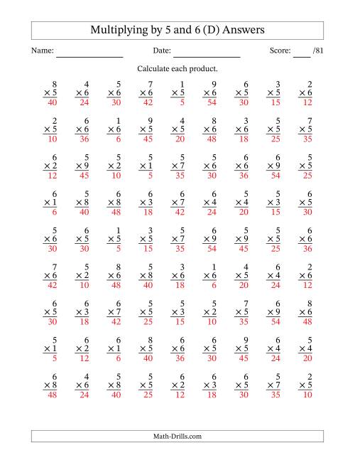 The Multiplying (1 to 9) by 5 and 6 (81 Questions) (D) Math Worksheet Page 2