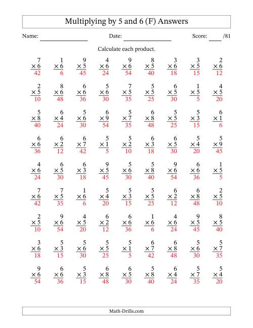 The Multiplying (1 to 9) by 5 and 6 (81 Questions) (F) Math Worksheet Page 2