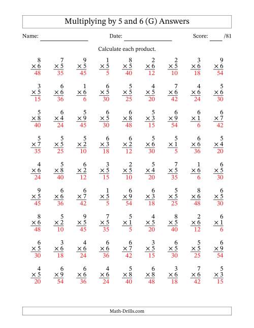 The Multiplying (1 to 9) by 5 and 6 (81 Questions) (G) Math Worksheet Page 2