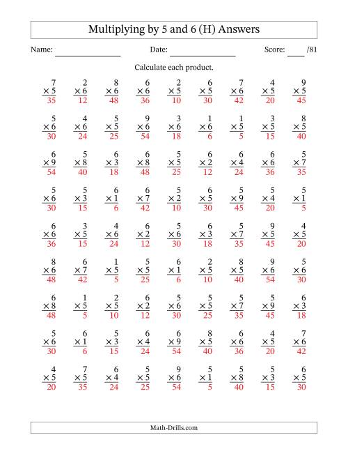 The Multiplying (1 to 9) by 5 and 6 (81 Questions) (H) Math Worksheet Page 2