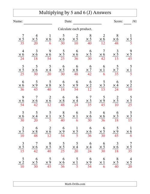 The Multiplying (1 to 9) by 5 and 6 (81 Questions) (J) Math Worksheet Page 2