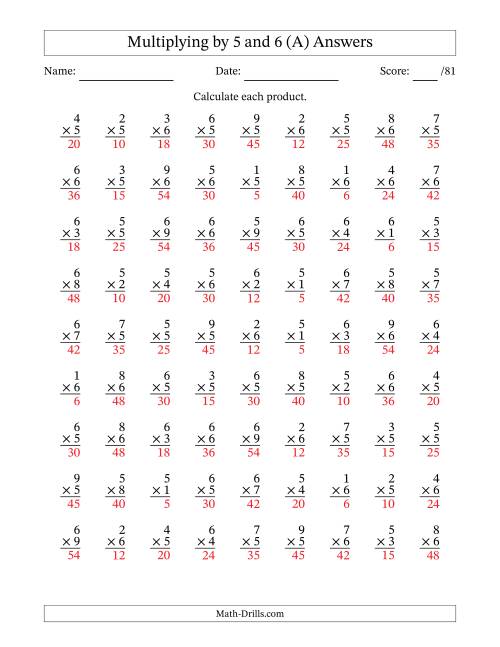 The Multiplying (1 to 9) by 5 and 6 (81 Questions) (All) Math Worksheet Page 2