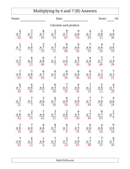 The Multiplying (1 to 9) by 6 and 7 (81 Questions) (B) Math Worksheet Page 2