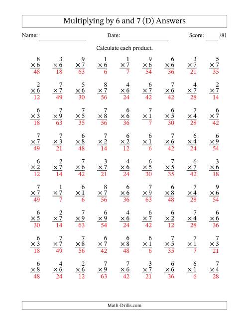The Multiplying (1 to 9) by 6 and 7 (81 Questions) (D) Math Worksheet Page 2
