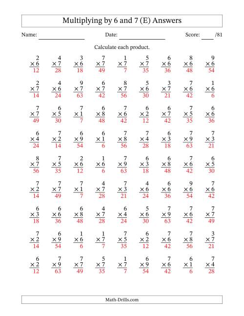 The Multiplying (1 to 9) by 6 and 7 (81 Questions) (E) Math Worksheet Page 2